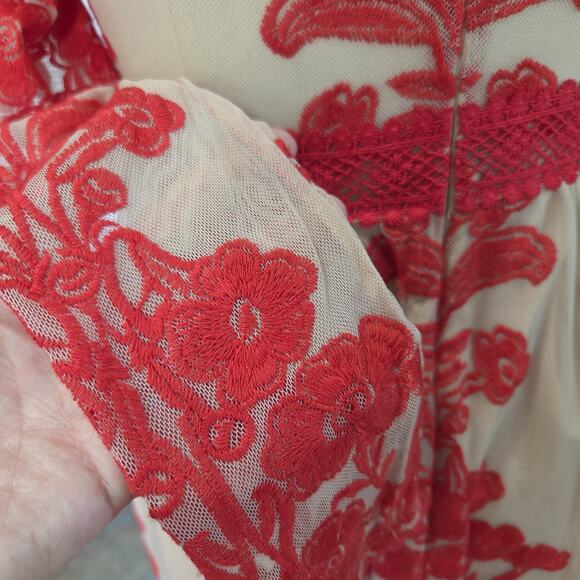 For Love & Lemons Temecula Maxi Dress Size S Red Embroidered Mesh Deep V Neck - Picture 8 of 9